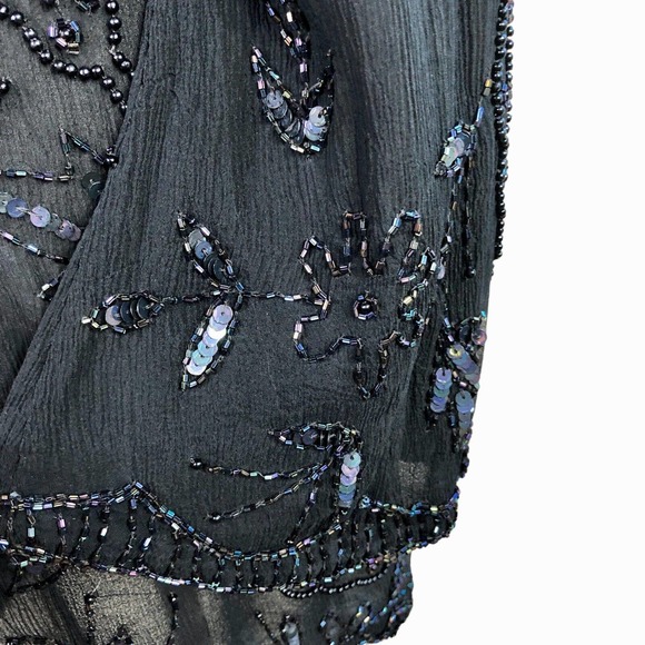 Vintage Judith Ann Embellished Blouse Black Silk Iridescent Sequins Beads Small - Picture 6 of 12